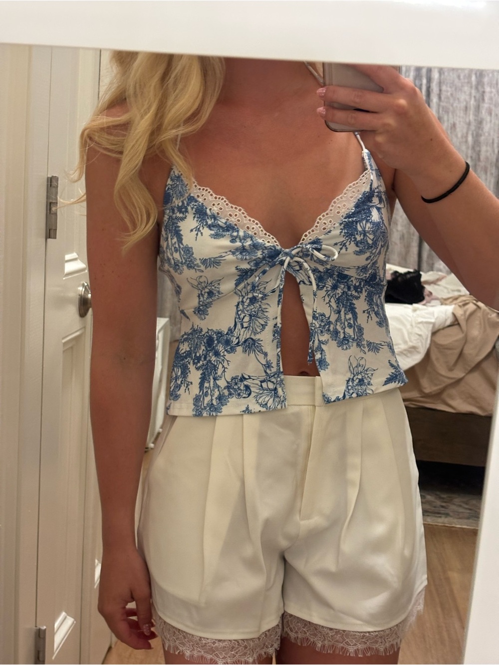 Missguided Blue & White Floral Tie-Front Cami Top